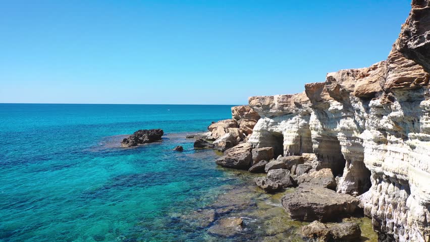 Famous Sea Caves in Cape Greco National Forest Park in Cyprus, 4k footage