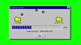 Vintage computer animation showing file compression progress bar, simulating data archiving process with retro UI. - Powered by Shutterstock - Get 15% off with code: PIKWIZARD15