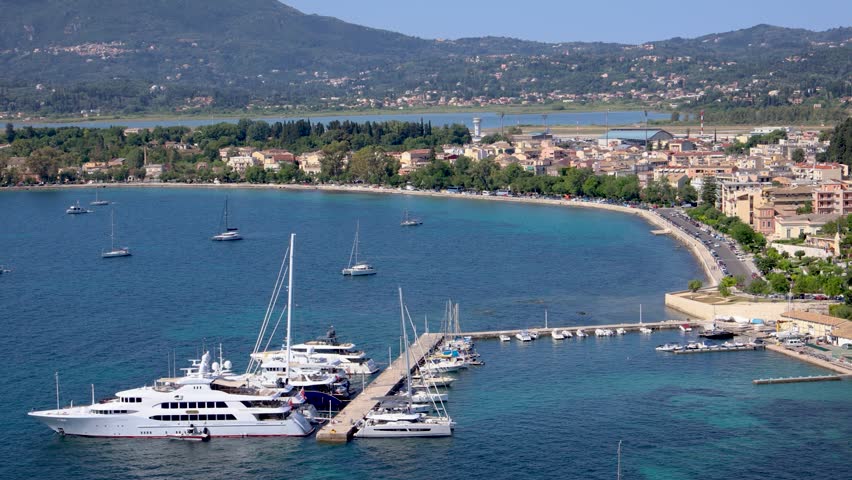 Corfu town on a Greek island of Corfu, view from Old Venetian Fortress, 4k