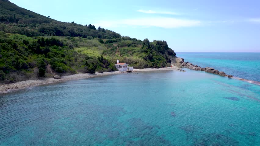 View with Agios Nikolaos small church near Paramonas village, Corfu Island, Greece
