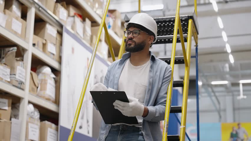 Warehouse supervisor taking inventory on a ladder
