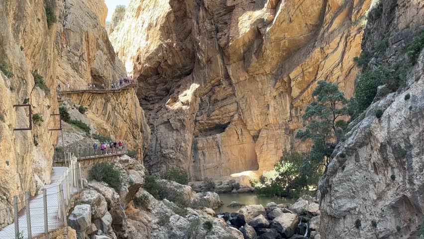 Drone view of the famous Caminito del Rey cliffside walkway crossing Gaitanes Gorge above the Guadalhorce River near Málaga, Spain