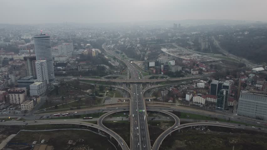 Drone flight above the road junction in Belgrade, Serbia, Europe. 4k.