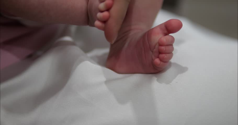 Legs and feet of a newborn baby. The baby moves its toes.