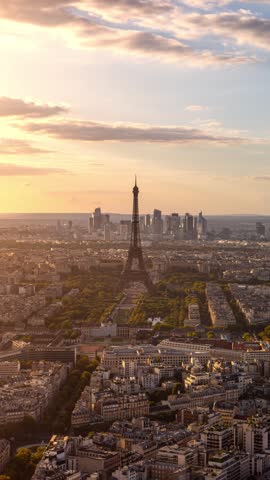 Sunset time Lapse looking out towards the Eiffel Tower and the city of Paris France.