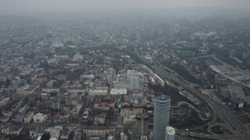 Drone flight above the road junction in Belgrade, Serbia, Europe. 4k.