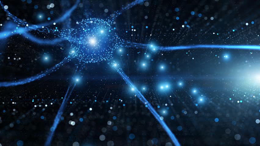 Futursitic glowing neuron cell in digital cybersapce animation.