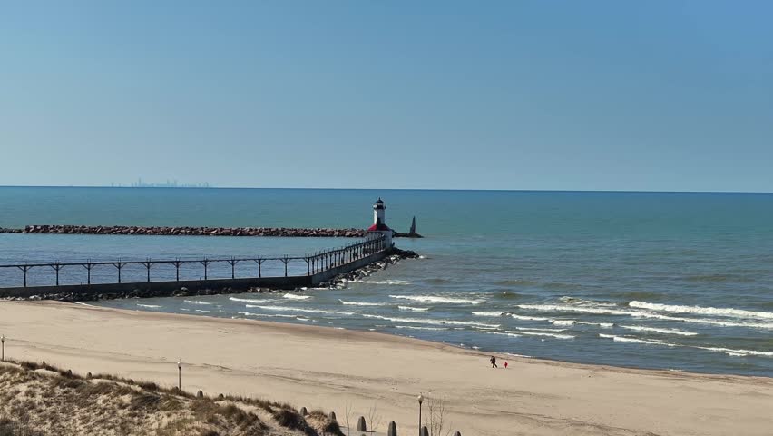 Drone view of lighthouse near Michigan City, Indiana