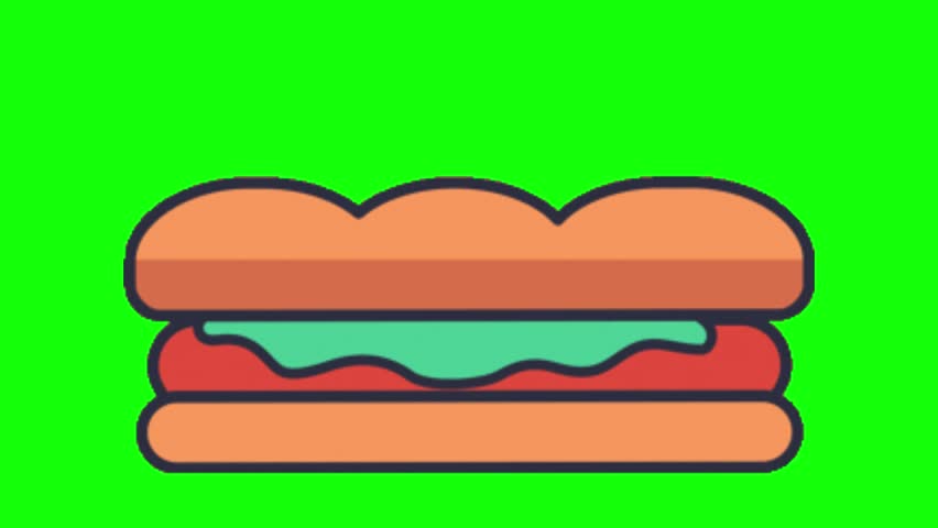 Animated fast food icons including a burger and taco isolated on a bright green screen background.