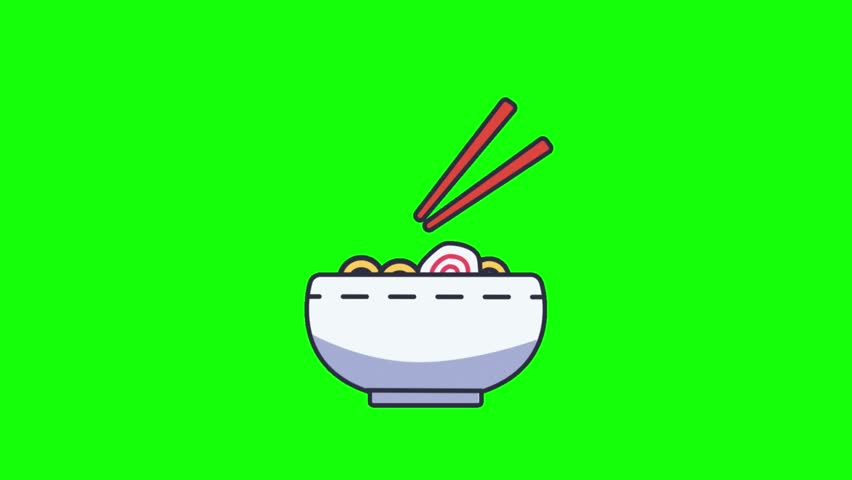 Animated ramen noodle bowl and sushi icons isolated on a green screen background for projects.