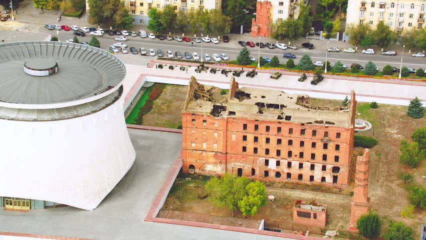 Aerial view of the historic ruined mill, a World War II memorial in Volgograd, Russia