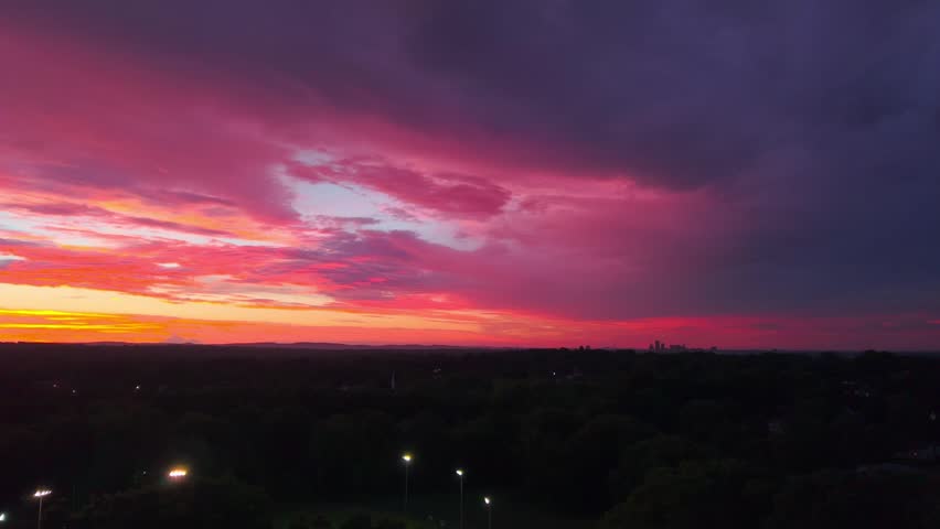 Summer aerial view featuring the Wethersfield, Connecticut sunset above Mill Woods Park