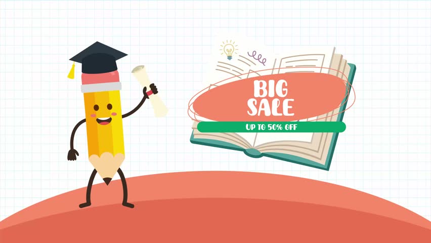Pencil mascot promoting school supplies discount. School supplies promotion concept. Full length Icon animation illustration. High quality 4k footage