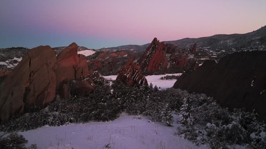 Arrowhead Golf Course dusk sunset snow-covered Fountain Valley Trail Roxborough State Park aerial drone Red Rocks jagged sandstone landmark Sterling Ranch Colorado Littleton Denver Front Range pan