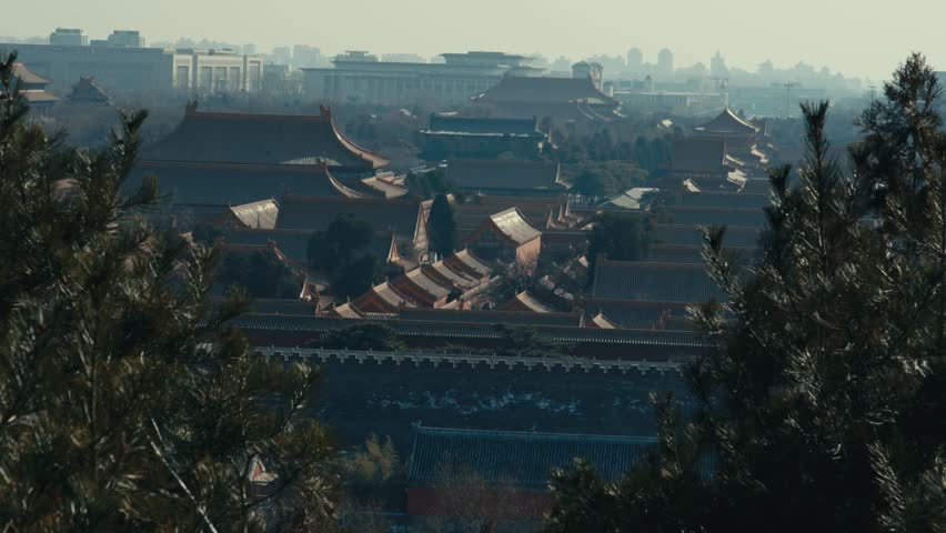 Beijing Forbidden City High Angle Panoramic View from Jingshan Park Overlooking Imperial Palace Roofs and City Skyline