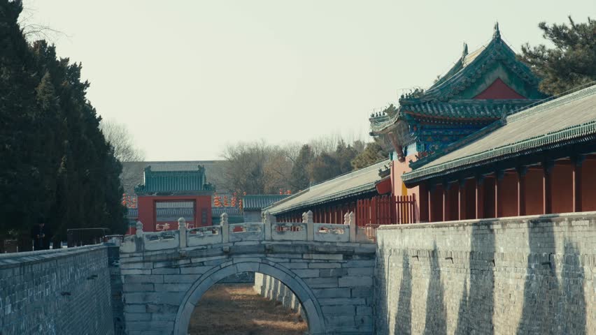 Beijing Temple of Heaven Ancient Stone Arch Bridge with Long Corridor and Red Enclosure Walls