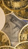 Bitcoin coins on dollar banknote showing digital finance contrast, concept of cryptocurrency versus traditional currency system, vertical footage - Powered by Shutterstock - Get 15% off with code: PIKWIZARD15