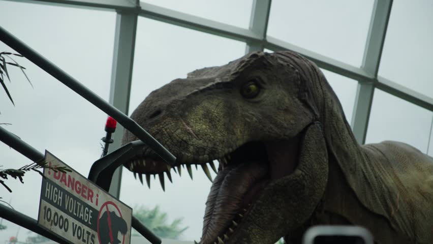 Tyrannosaurus rex enclosure with high voltage danger sign
