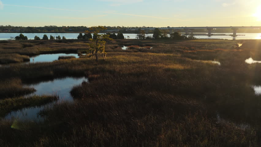 Wetlands Along Blackwater River Bridge Near Shields Point During Sunrise In Florida, USA. Aerial Shot