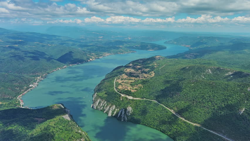 Aerial view on the Danube river and mountains in Djerdap National Park, Serbia Romania border, 4k
