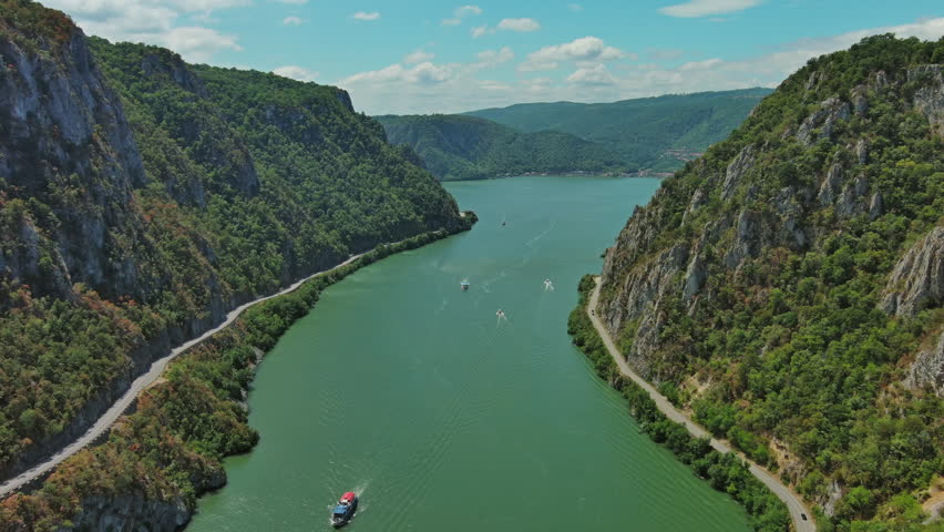 Aerial view on the Danube river and mountains in Iron Gate, Djerdap National Park, Serbia Romania border, 4k