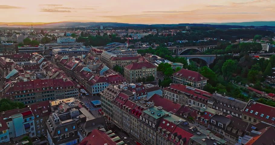 Aerial view over the city of Bern the capital city of Switzerland the historic district from above. Bern old town. The historic buildings in the city center