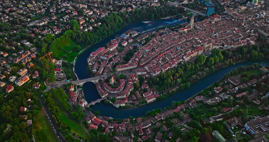 Aerial view over the city of Bern the capital city of Switzerland the historic district from above. Bern old town. The historic buildings in the city center