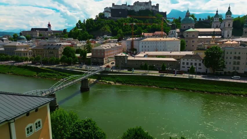 Aerial view of Austrian city of Salzburg is the birthplace of the famous composer Mozart