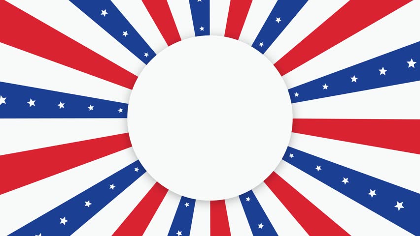 Patriotic USA background animation featuring red and blue sunburst rays with white stars rotating around a central blank circular copy space, perfect for American holiday templates