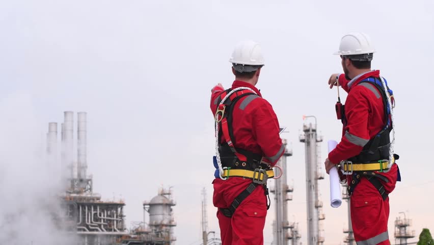 Engineer survey team wear uniform and helmet stand workplace checking blueprint project , radio communication and engineer box inspection work construction site with oil refinery background.