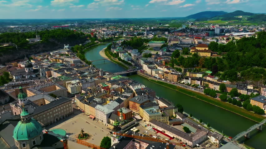 Aerial view of Austrian city of Salzburg is the birthplace of the famous composer Mozart