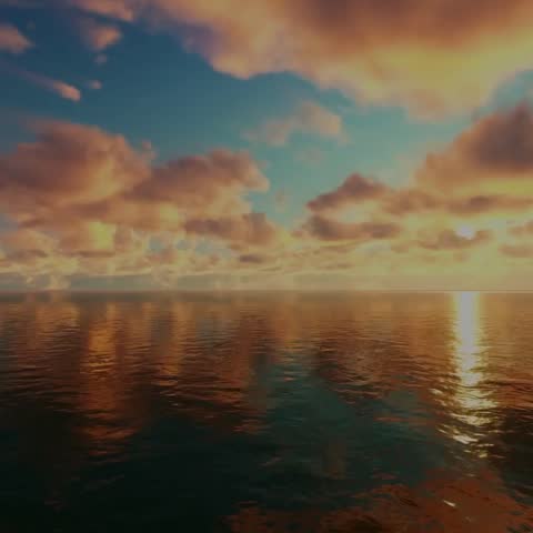 Beautiful ocean landscape featuring colorful sky, clouds and sunlight reflecting on calm water. Peaceful and scenic natural environment.