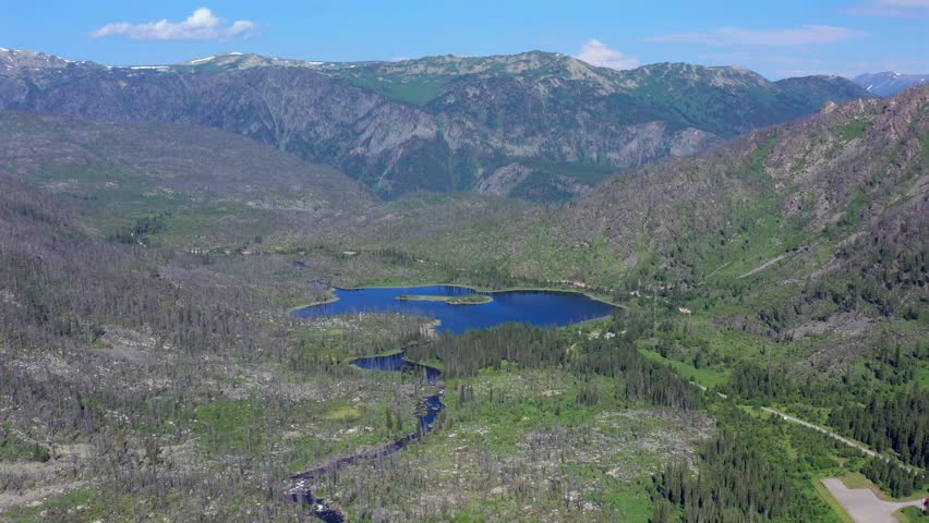 Drone flies forward above mountain valley with lake and winding river crossing mixed green and dead forest creating dramatic Altai Kazakhstan landscape with strong nature and environmental contrast