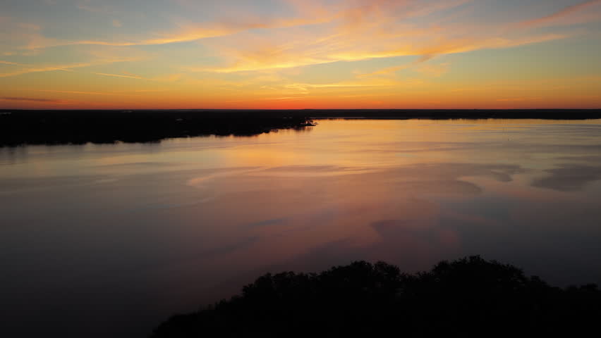 Serene View Of Blackwater River During Sunrise Near Shields Point In Milton, Florida, United States. Aerial Shot