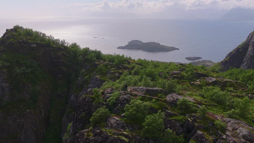 Scenic rocky mountain terrain with birch trees overlooking calm sea and distant islands in Lofoten, Norway. Dramatic cliffs and peaceful