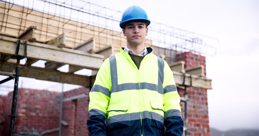 Face, builder and confident man at construction site, development and building infrastructure. Happy person, helmet and civil engineer outdoor for engineering safety, arms crossed and career pride