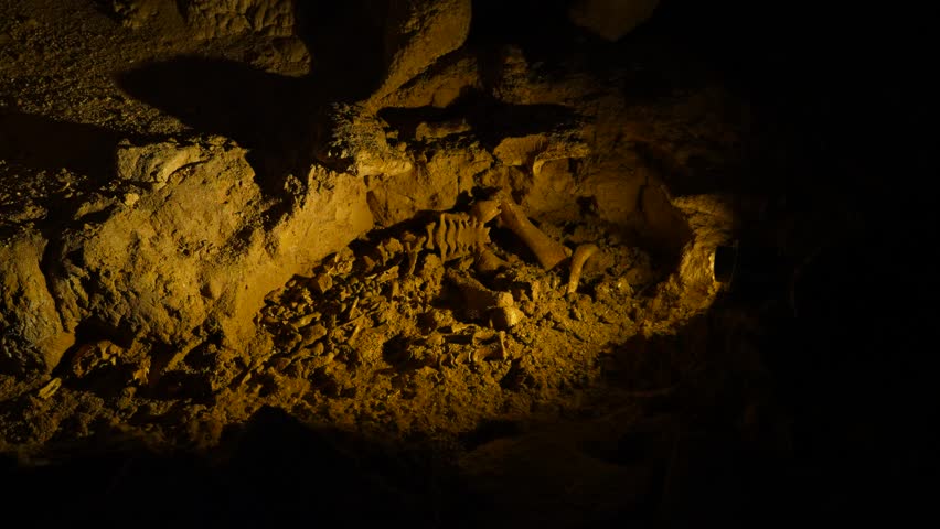 The ancient skeletal remains of an extinct flightless moa bird preserved deep within a dark cave.
