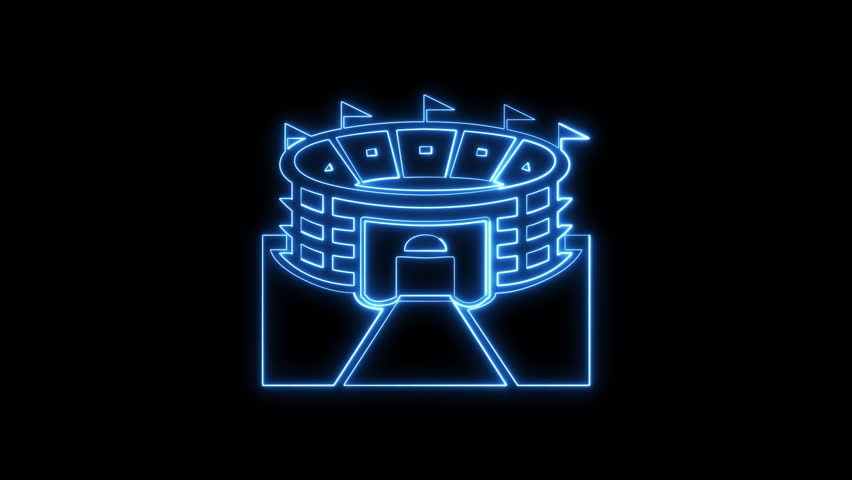 Stadium icon pulsating with bright blue neon light lines against black backdrop. Minimalist graphic symbol for sports venue event concept.