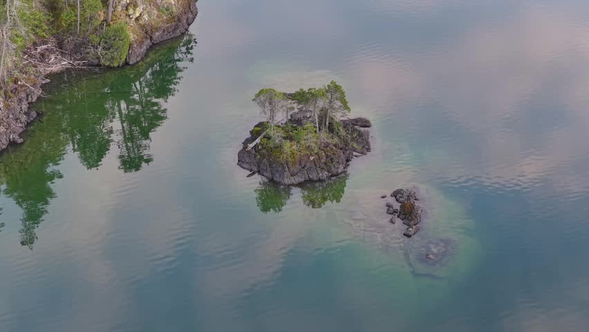 Aerial View: Serene Island with Trees Reflected on Calm Harrison Lake, British Columbia