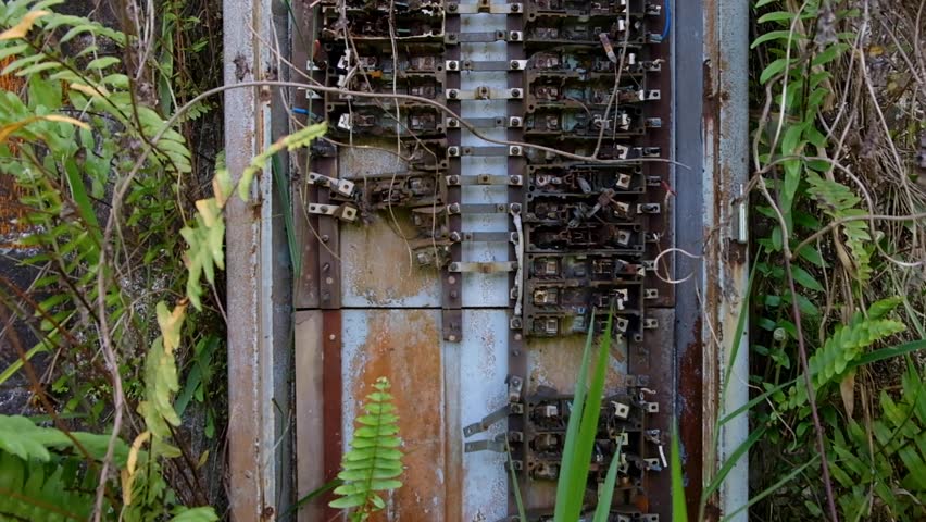 Derelict fuse box and abandoned swimming pool changing rooms overgrown by jungle in Panguna mine town on Bougainville, Papua New Guinea