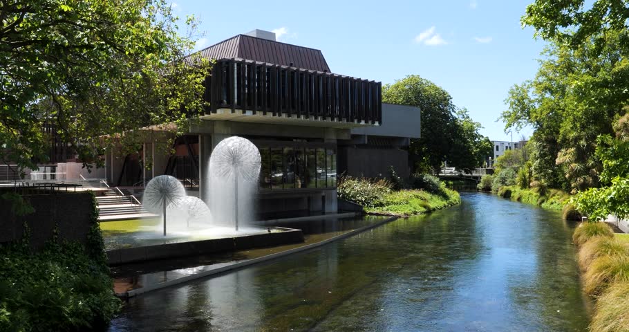 Christchurch Town Hall, Ferrier Fountain and Avon river, Christchurch, New Zealand.