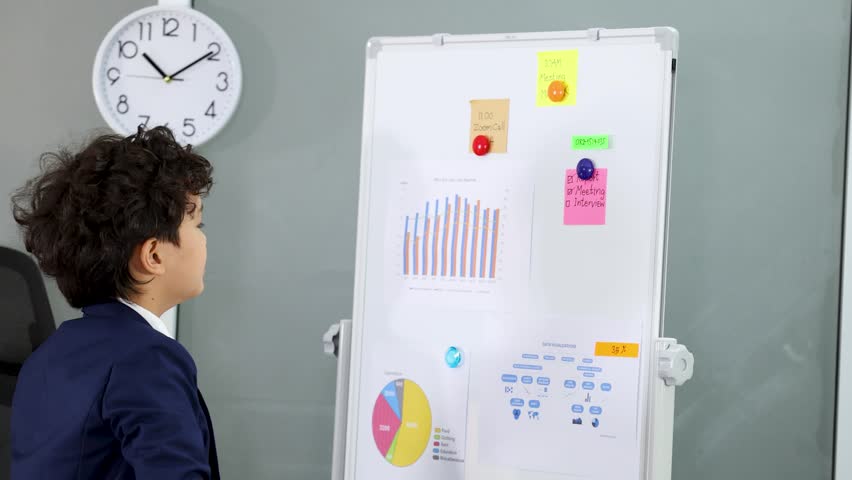 Young boy in suit points at charts on whiteboard during professional office presentation simulation.