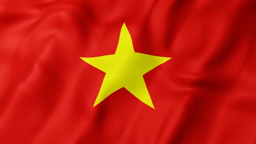 Vietnam flag 3d animation with a golden star on red color waves in the wind. Vibrant fabric folds and movement. 4k Motion graphics in seamless loop. patriotic, Independence day, cultural themes.