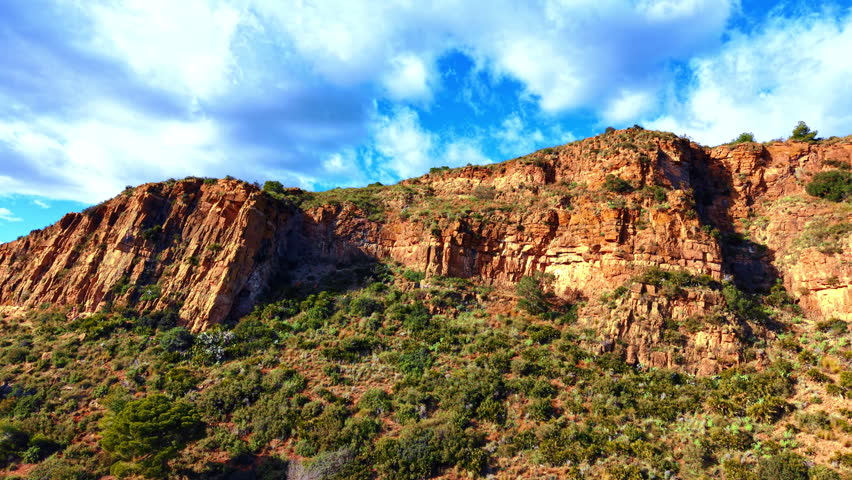 Cliffside plants under blue sky. Cliffs rise with green plants around in a bright setting during daytime with clouds scattered in the sky.