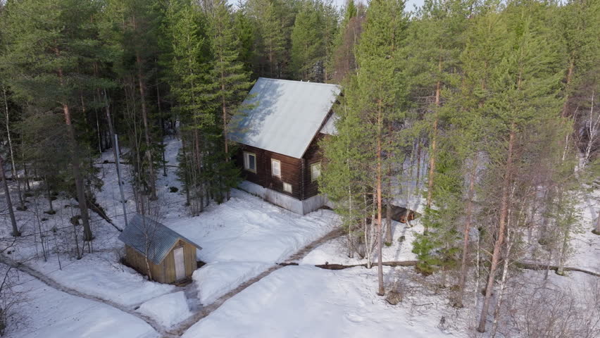 Aerial view of a rustic wooden cabin with a small shed nestled in a snowy conifer forest, tin roof visible, capturing the isolation of a remote winter woodland retreat