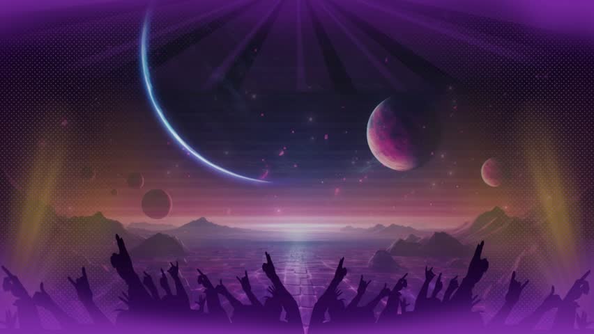 This video shows a mesmerizing digital animation of a silhouetted crowd with raised hands under a vibrant purple sky with planets