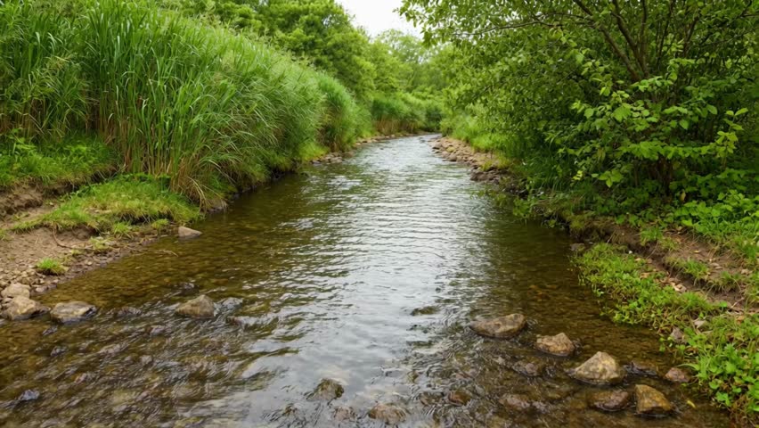 Scenic stream flowing through lush green forest and tall grass.