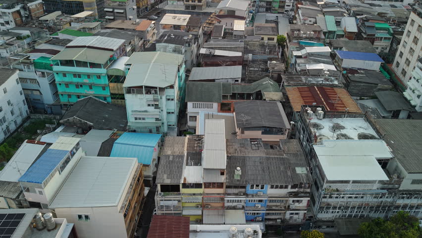 Aerial view of dense residential neighborhood in central Bangkok Thailand.