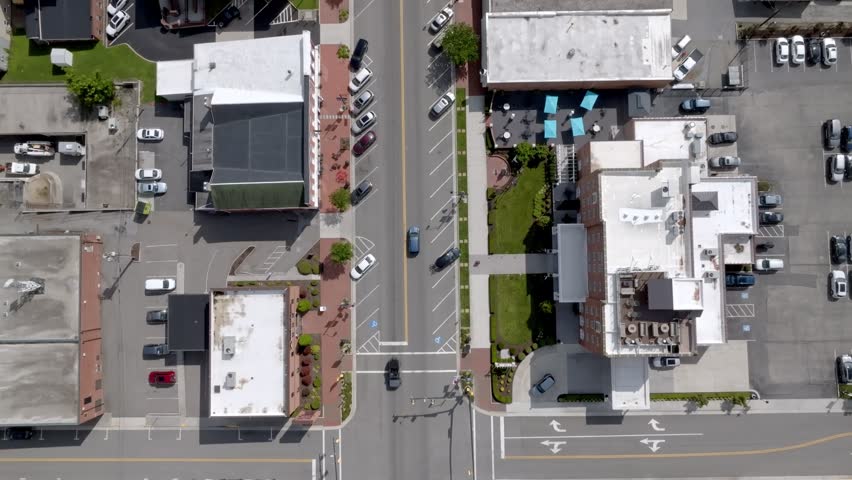Downtown Wyethville, Virginia with drone video moving overhead.