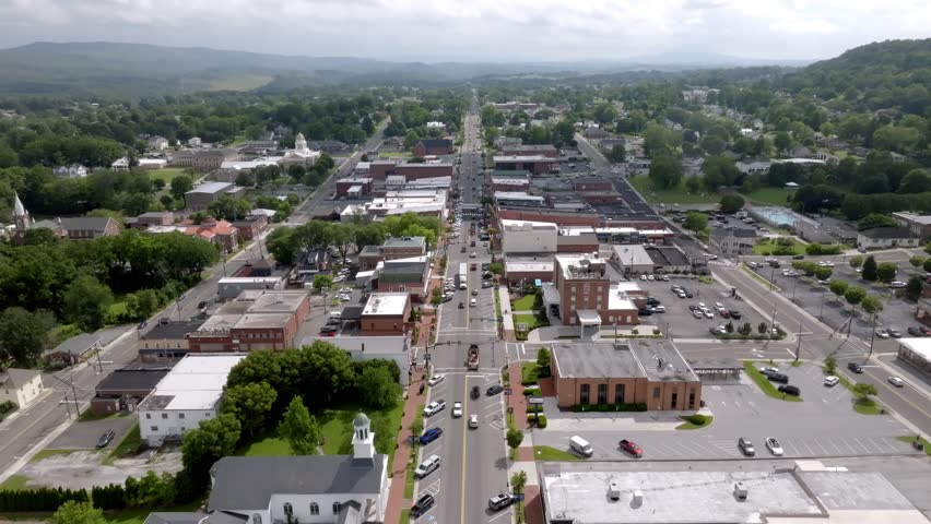 Downtown Wyethville, Virginia with stable drone video.